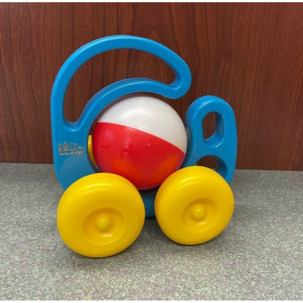 Vintage The First Years Wheel Around Roller Baby Toy Blue Car Red Ball  1988